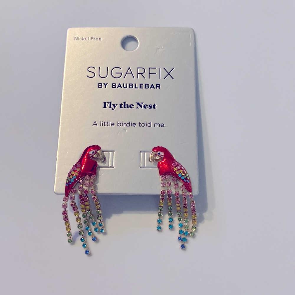 NEW BaubleBar red chrome parrot bird rainbow gemstone earrings